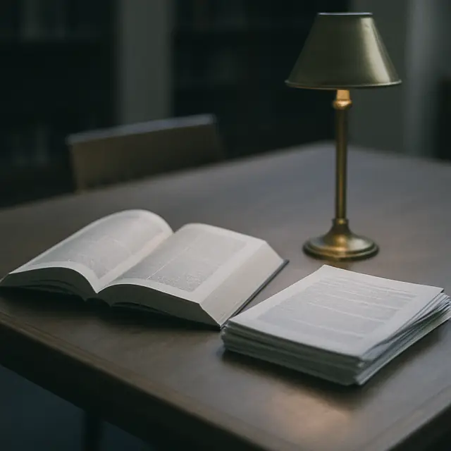 Open reference book and manuscript pages on a library desk