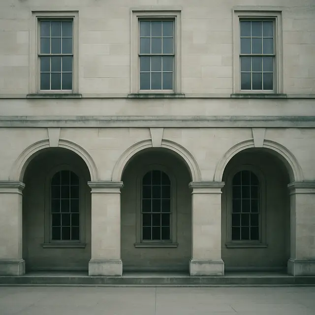 Stone arcade and windows of a historic university building