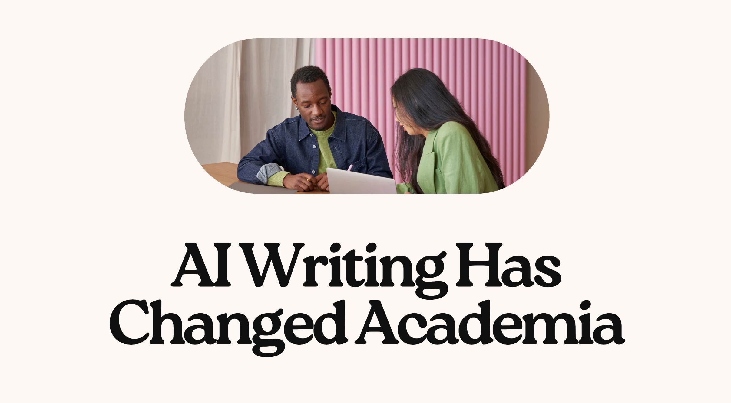 Two university students discussing coursework while looking at a laptop, representing the impact of AI writing on education