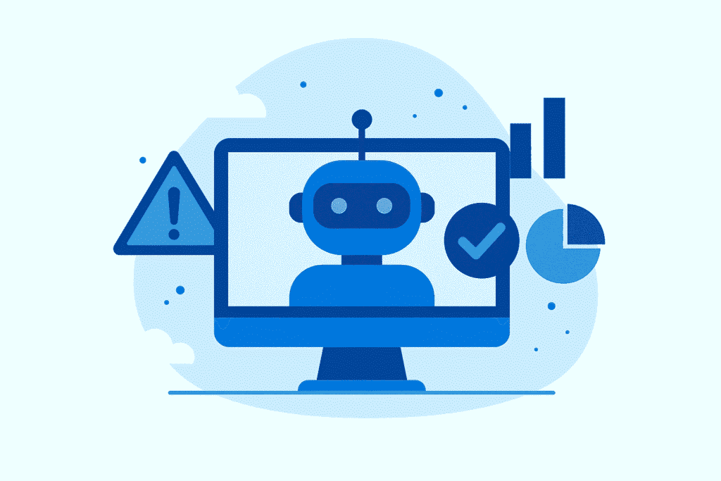 Illustration of AI detection in education, with a robot on a laptop screen, checkmark and warning icons, and analytics charts representing accuracy challenges.