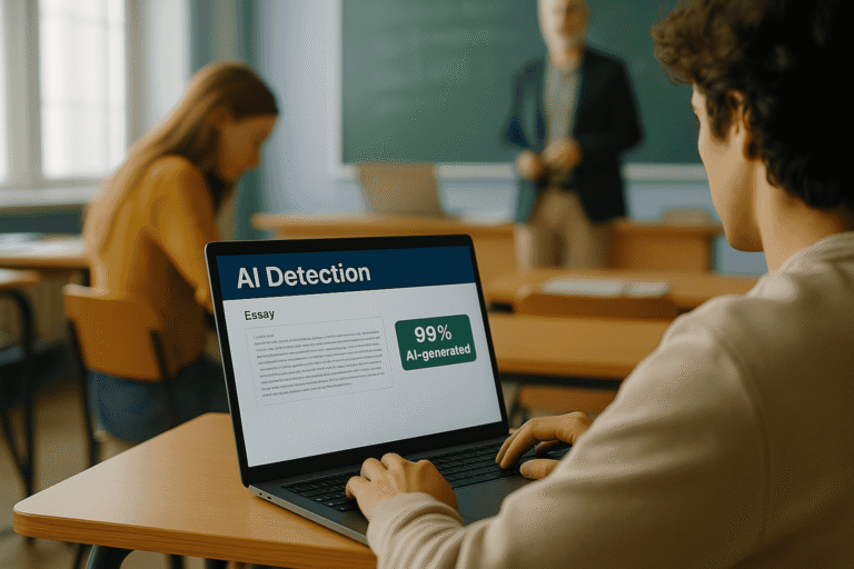 University professor using a laptop in a classroom, with AI detection icons and academic paper visuals surrounding them.