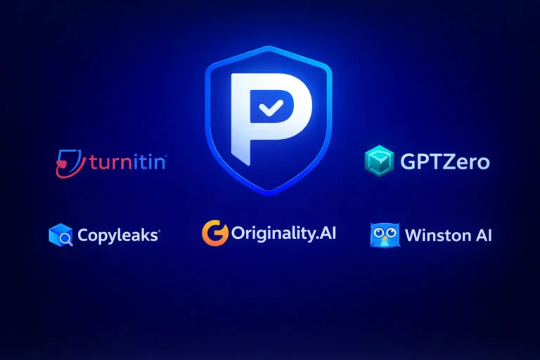 What AI detector do colleges use? Comparison graphic showing Proofademic alongside Turnitin, GPTZero, Copyleaks, Originality.AI, and Winston AI logos.