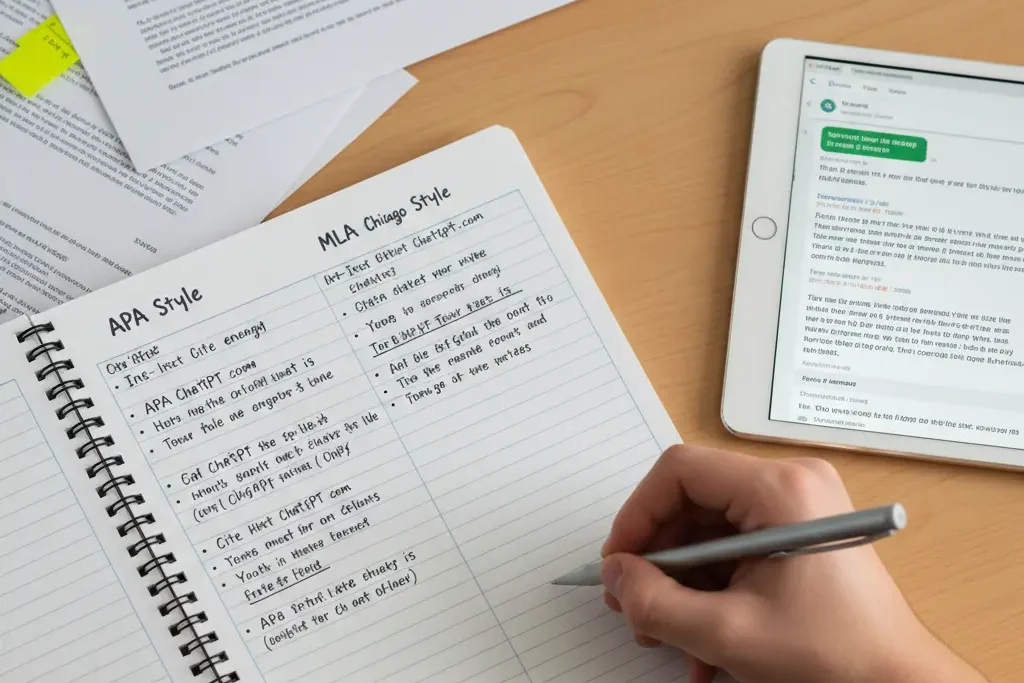 A close-up view of a person's hands writing in a spiral notebook. The page is organized into columns with headers for "APA Style" and "MLA/Chicago Style," showing handwritten notes. A tablet displaying a ChatGPT conversation interface sits on the desk next to the notebook, illustrating the process of verifying and documenting AI citations.