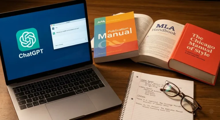 A laptop computer displaying the ChatGPT logo sits on a wooden desk. Next to the laptop are three standing academic style guides: the APA Publication Manual, the MLA Handbook, and The Chicago Manual of Style. A spiral notebook with handwritten notes and a pair of reading glasses lie in the foreground.