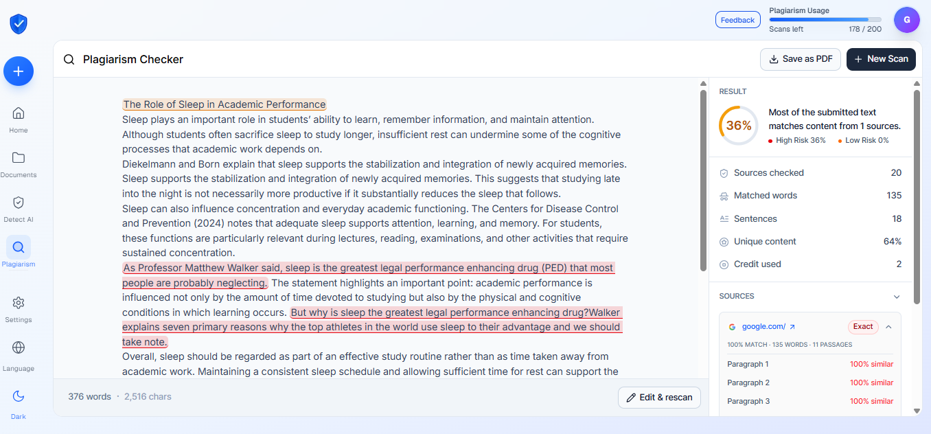 Plagiarism check on the same essay with attribution errors introduced