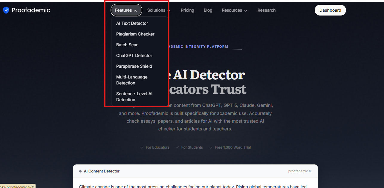 Proofademic sentence-level AI detection dashboard for teachers