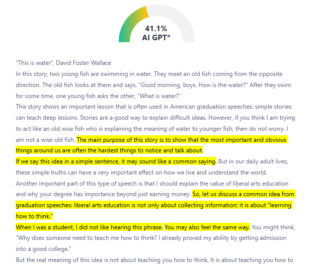 Generic AI detector result on an essay written by an ESL writer