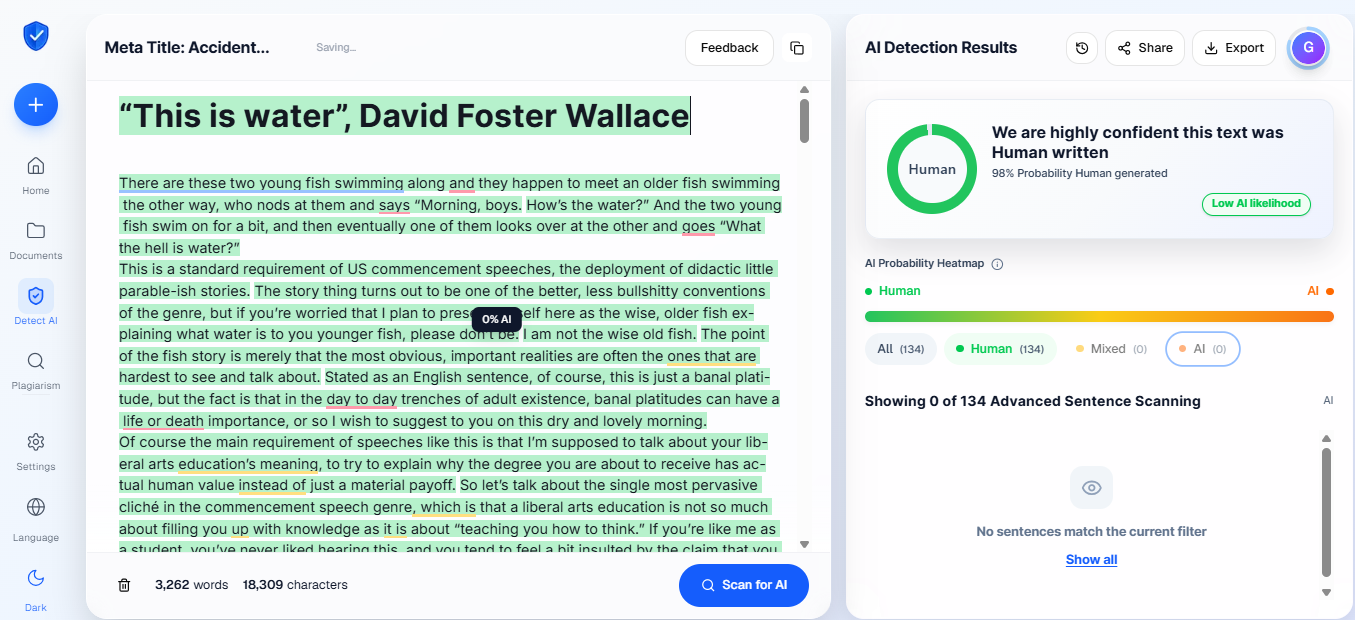 Proofademic result on the same fully human-written text