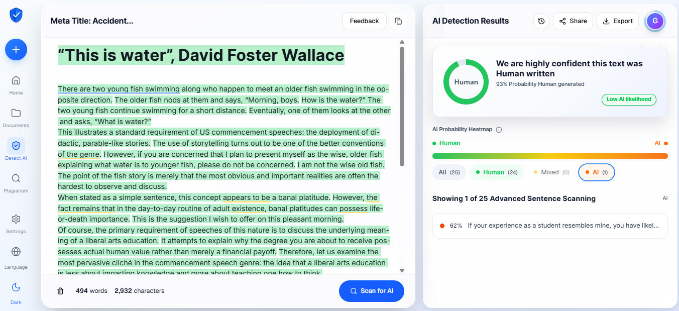 Proofademic result on the same Grammarly-edited text