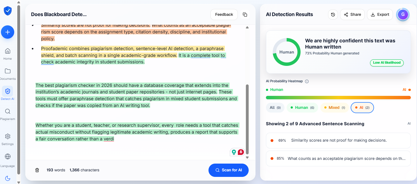 Proofademic sentence-level analysis highlighting flagged passages