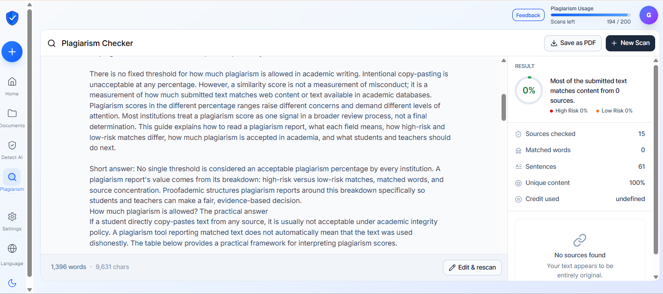 Proofademic plagiarism checker interface showing source matching