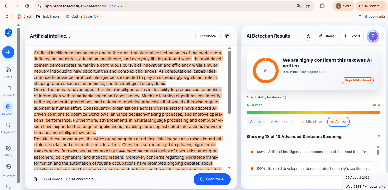 AI detector showing 99 percent AI score on an unpublished AI-written essay