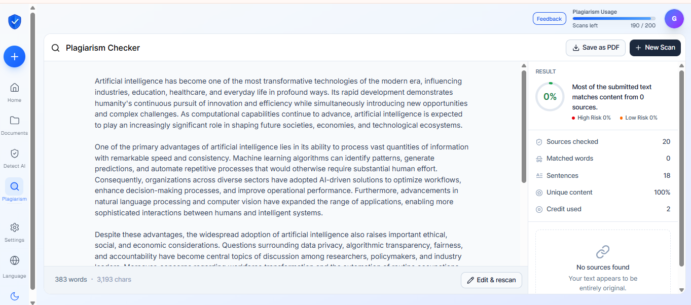 Plagiarism checker showing 0 percent match on the same unpublished AI-written essay