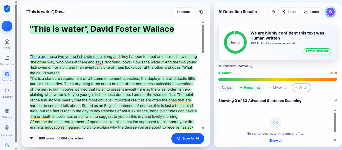AI detector showing 98 percent human score on a published human-written essay