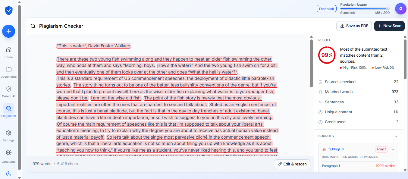 Plagiarism checker showing 100 percent match on the same published human-written essay