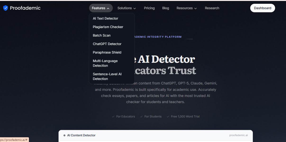 Proofademic platform combining plagiarism checking and AI detection as separate tools
