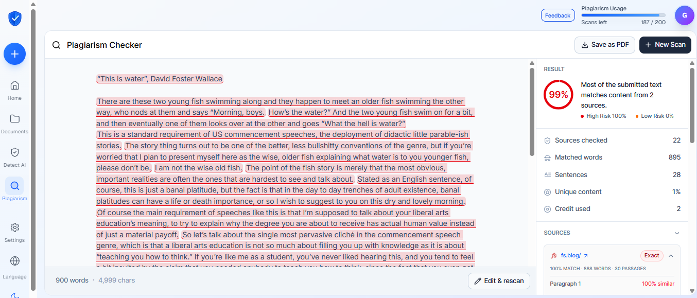 Plagiarism checker showing 100 percent match on directly copied essay text