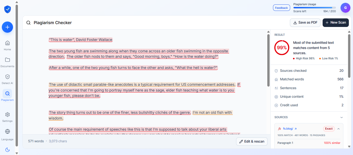 Plagiarism checker showing clean result on paraphrased essay text