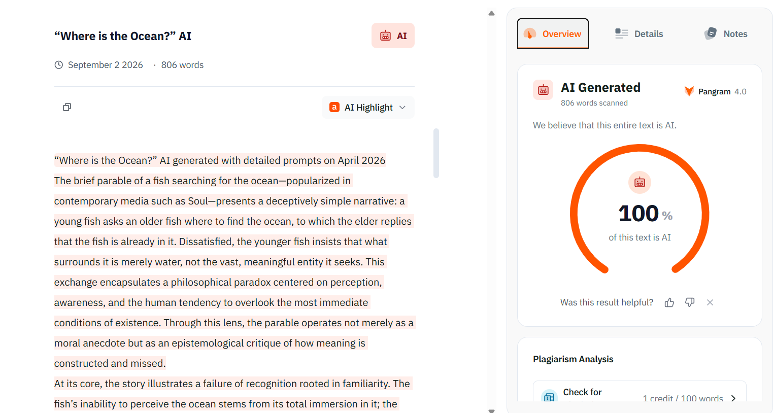 Pangram AI detector result for the fully AI-generated essay
