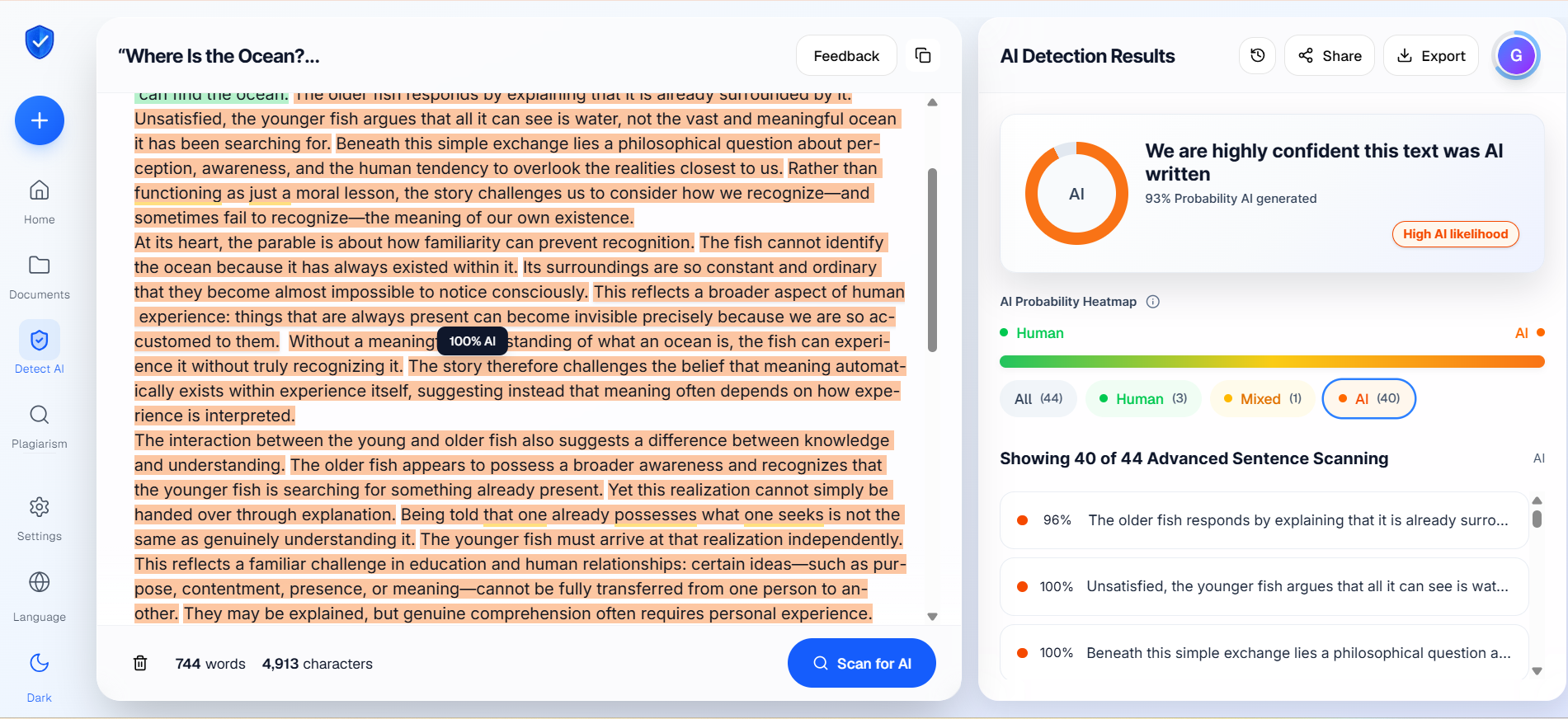 Proofademic detection result for the paraphrased AI-generated essay