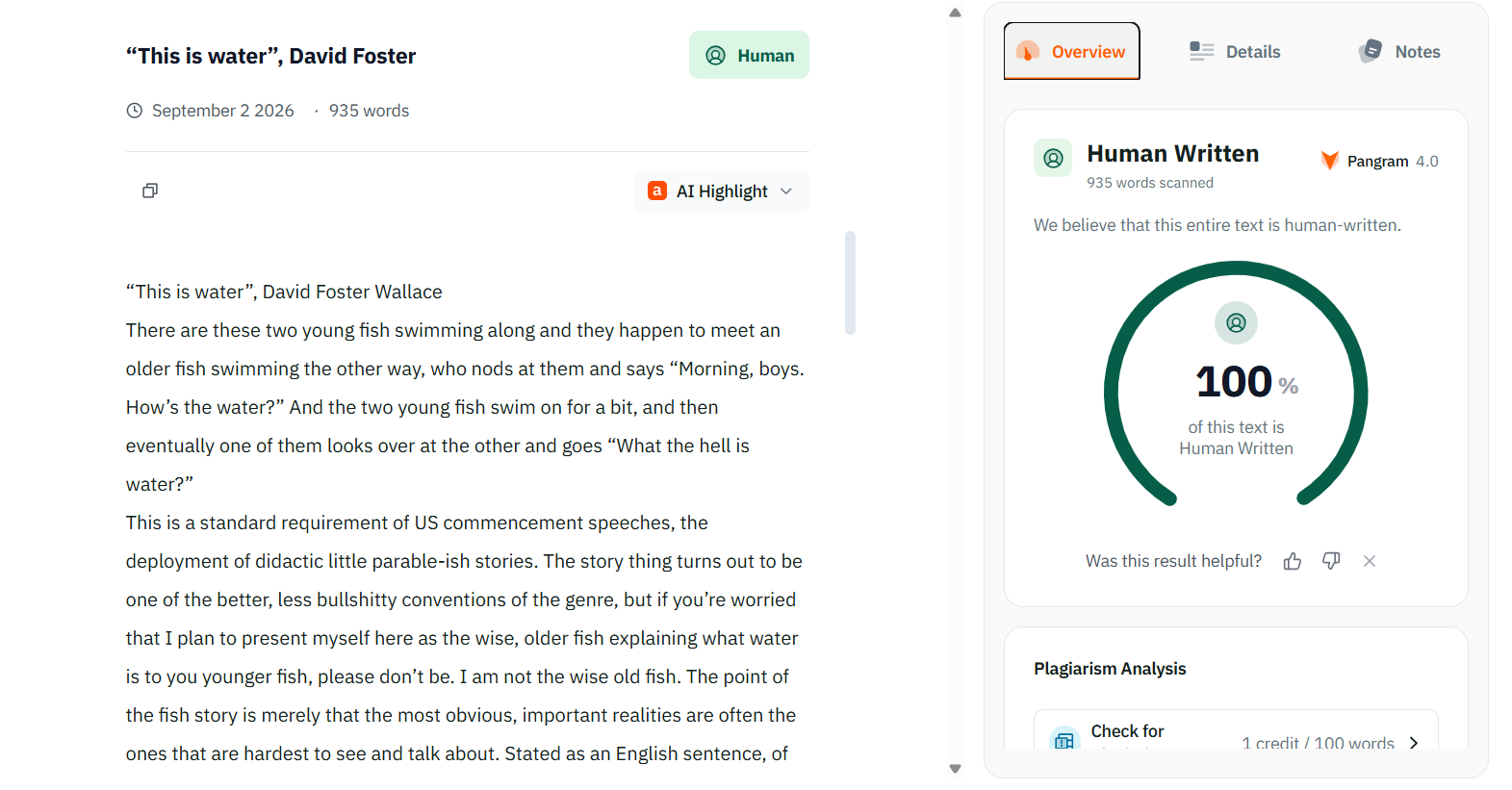 Pangram AI detector result for the fully human-written essay