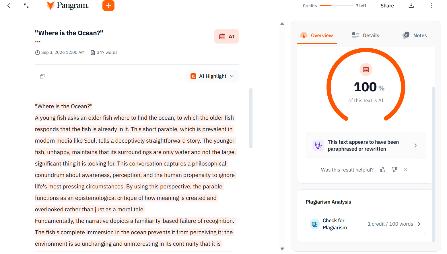 Pangram AI detector result for the majority human-written essay