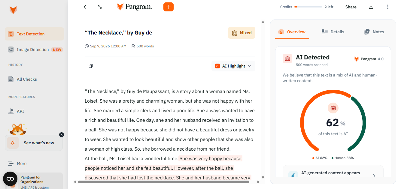 Pangram AI detector result for the ESL writer's essay