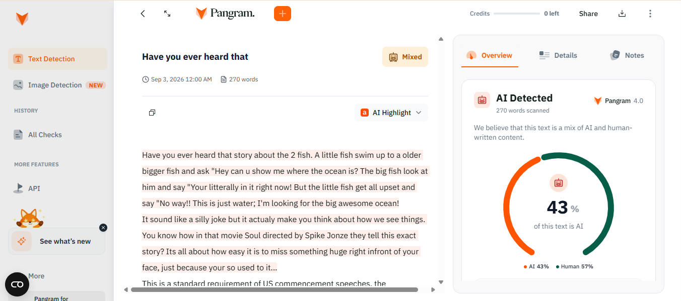 Pangram AI detector result for the paraphrased AI-generated essay