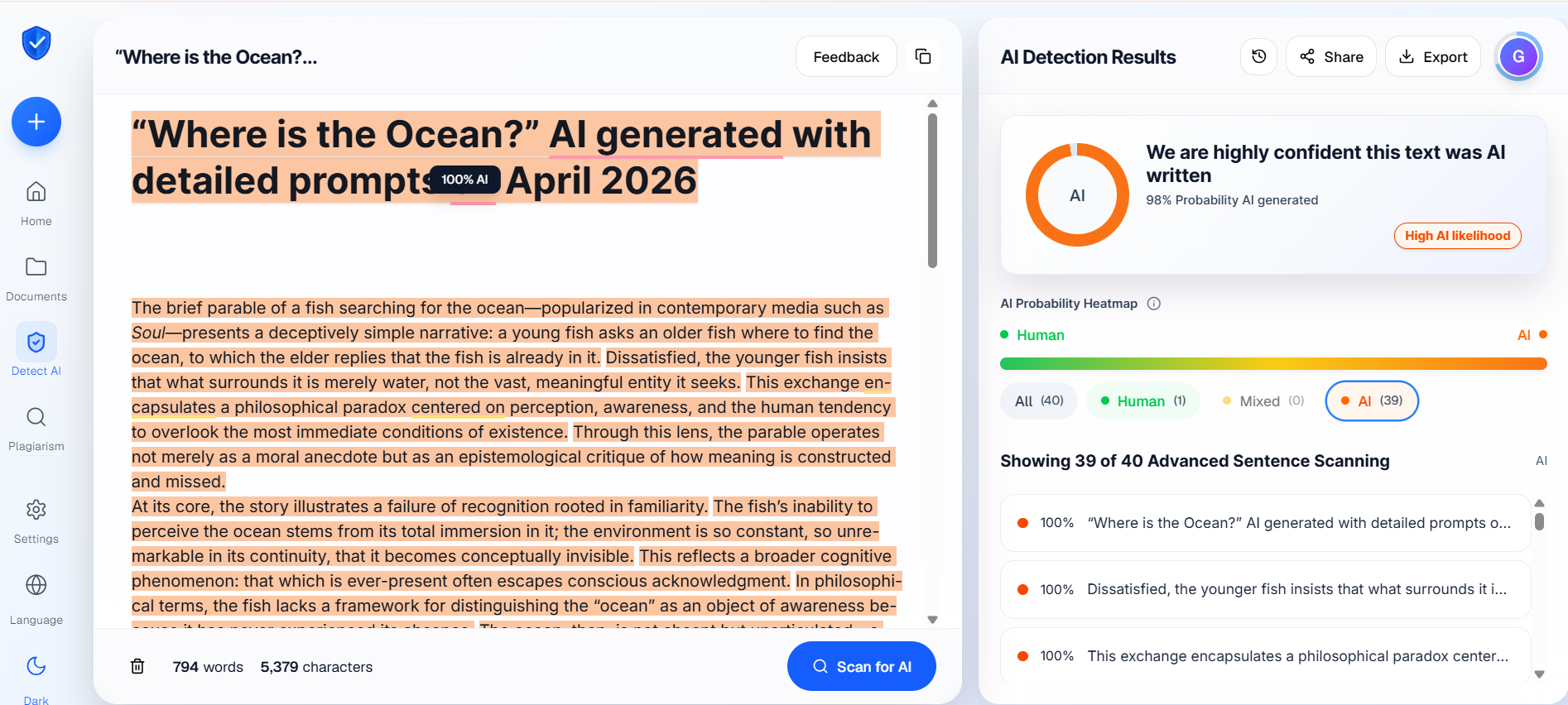 Proofademic detection result for the fully AI-generated essay