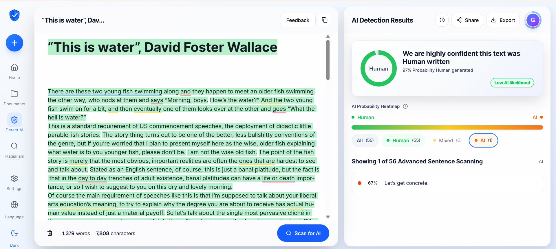 Proofademic detection result for the fully human-written essay