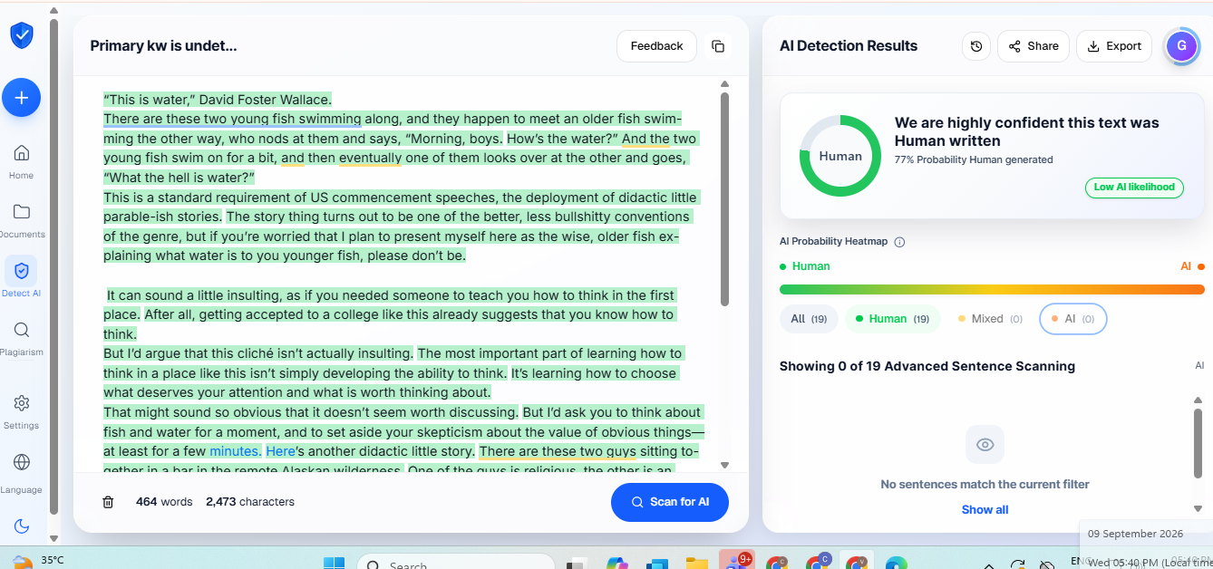 Proofademic detection result for the largely human-written essay