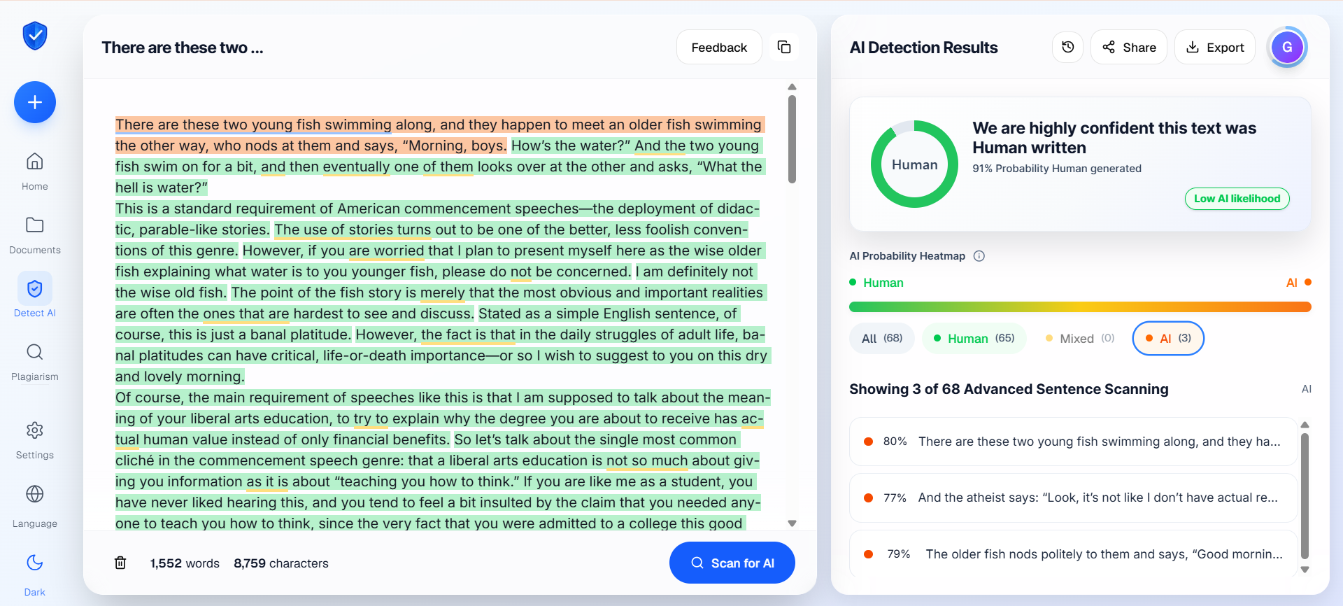 Proofademic detection result for the ESL writer's essay