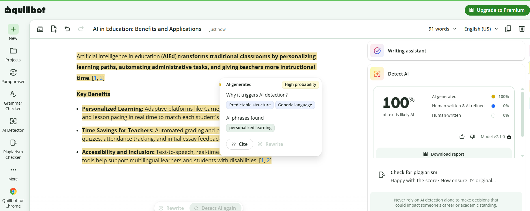 QuillBot AI Detector interface showing the text input panel and scan button