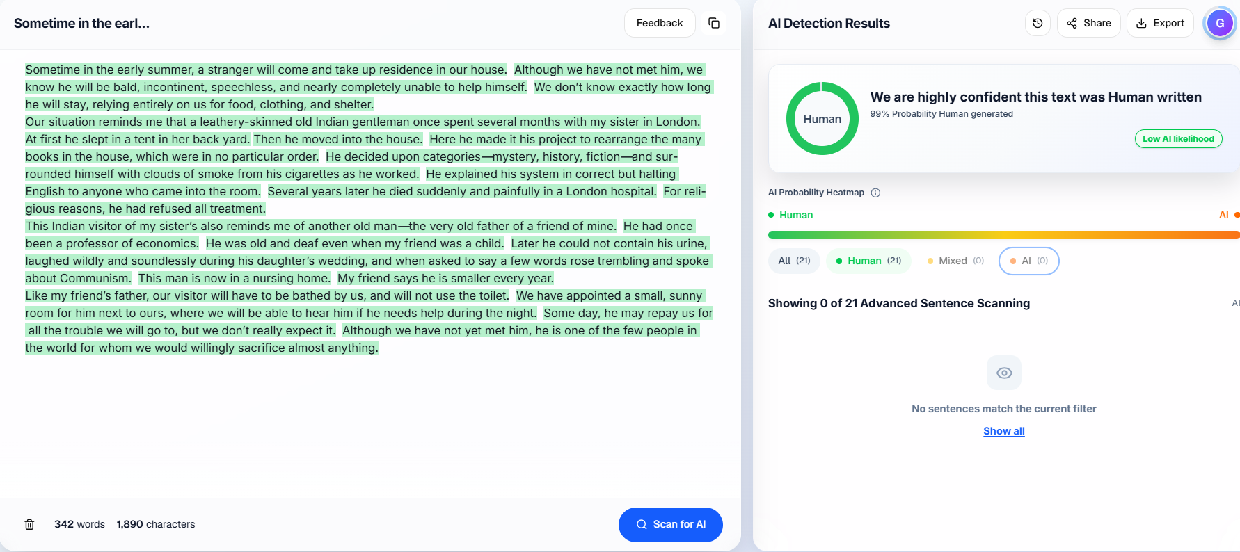 Proofademic detection result for the human-written creative writing sample