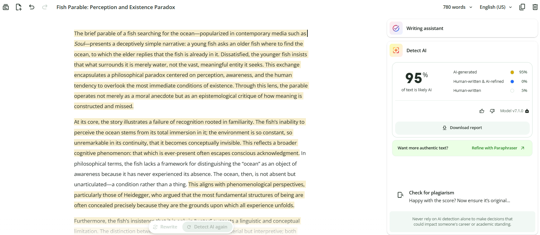 QuillBot scoring the AI-generated academic essay at 95% AI