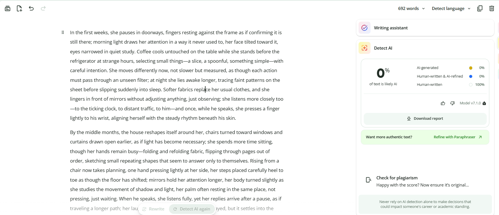 QuillBot scoring the AI-generated creative writing sample at 0% AI