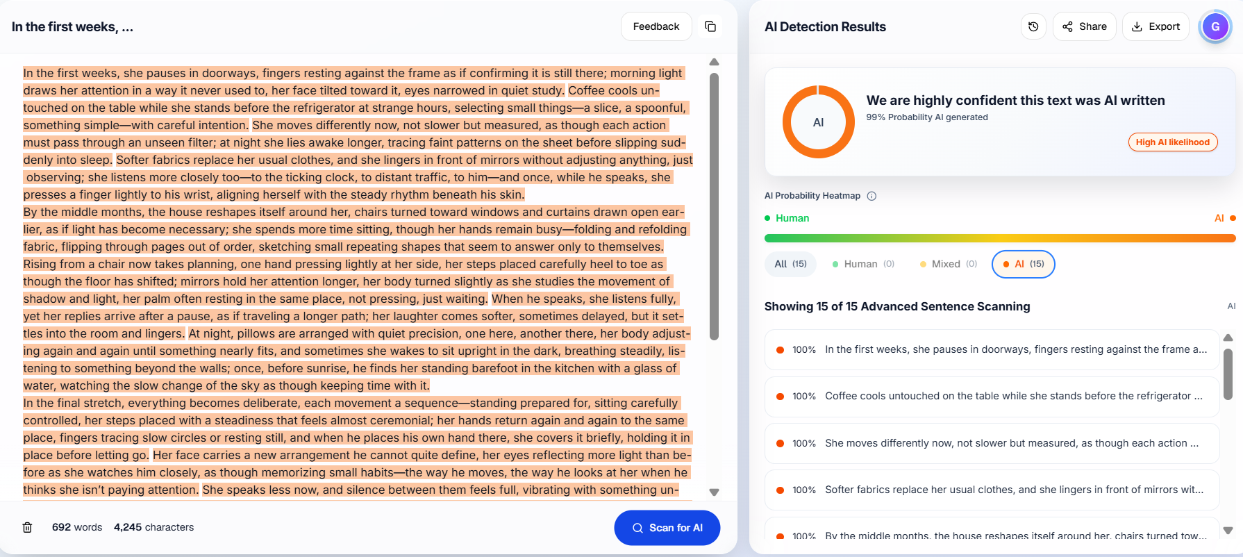 Proofademic detection result for the AI-generated creative writing sample