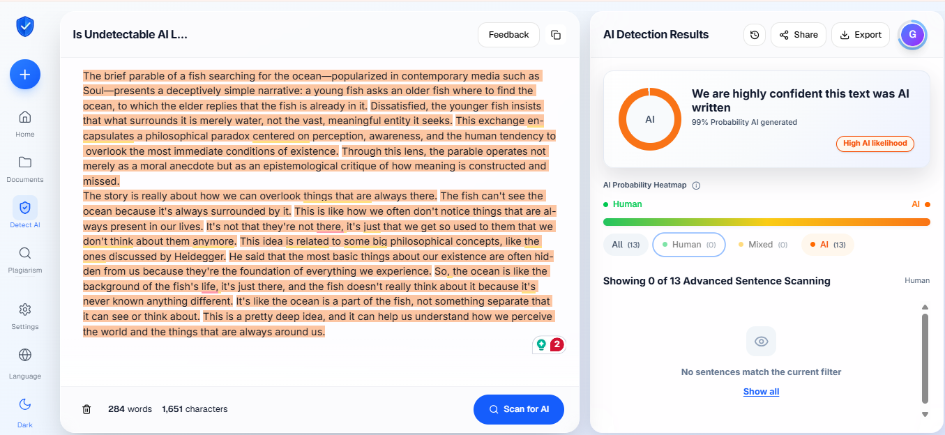 Proofademic detecting text produced by the Undetectable AI humanizer