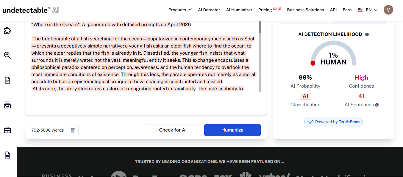 Undetectable AI flagging the fully AI-generated essay at 99% AI