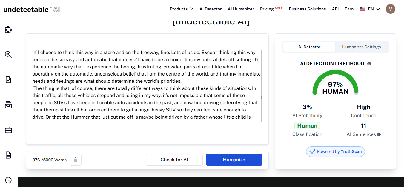 Undetectable AI scoring the human-written essay at 97% human