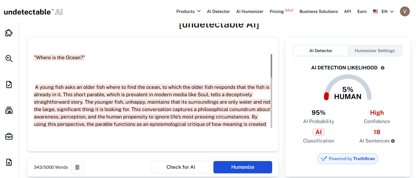 Undetectable AI result for the human-edited, paraphrased essay