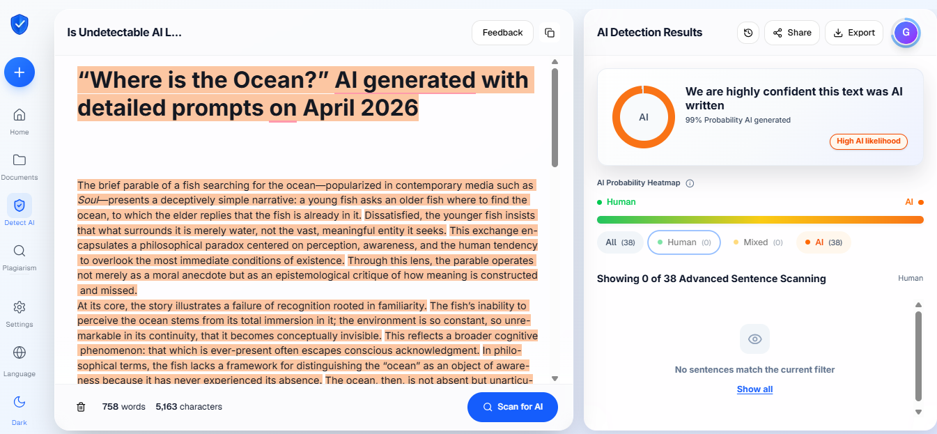 Proofademic detection result for the fully AI-generated sample