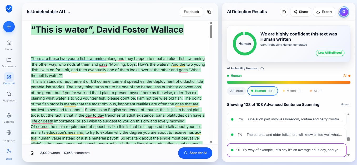 Proofademic detection result for the fully human-written sample