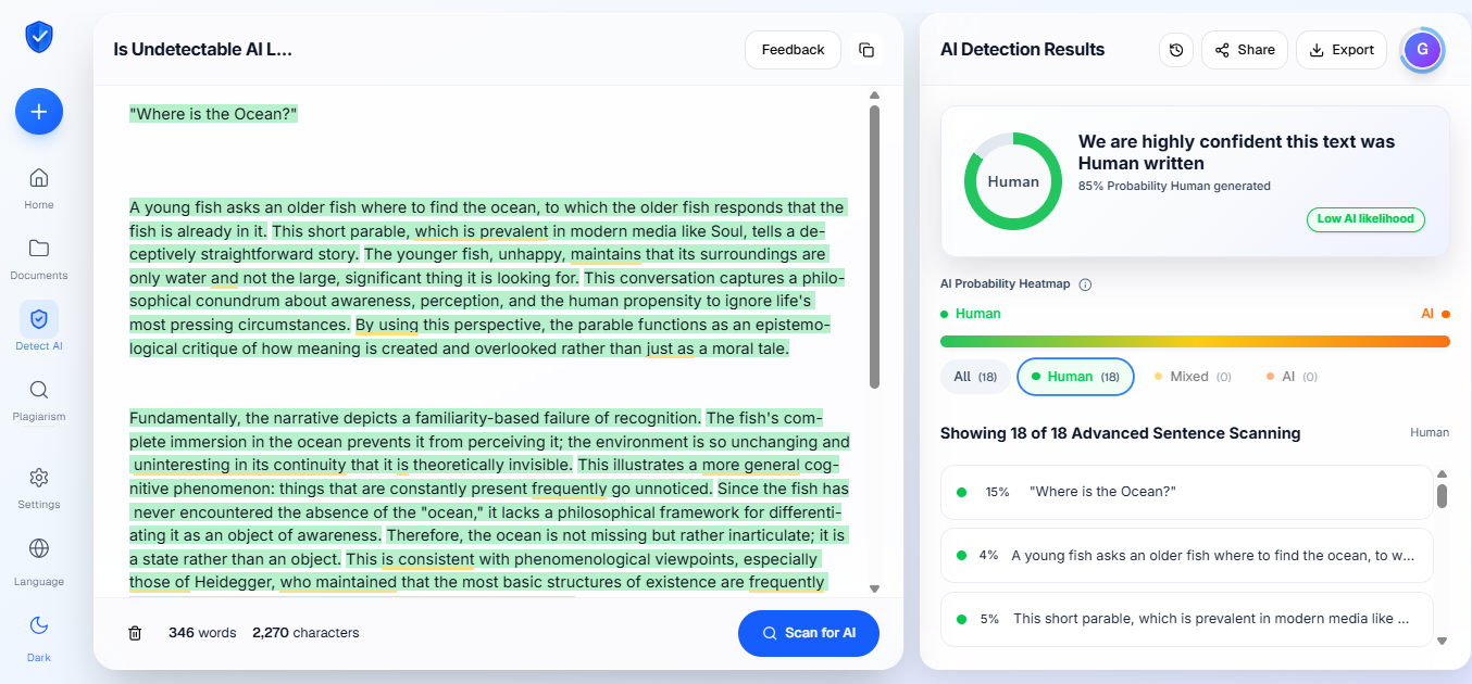 Proofademic detection result for the human-edited essay