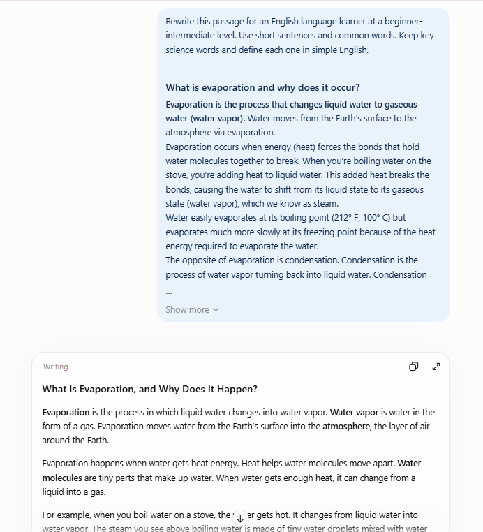 ChatGPT rewrite of the evaporation passage for an English language learner