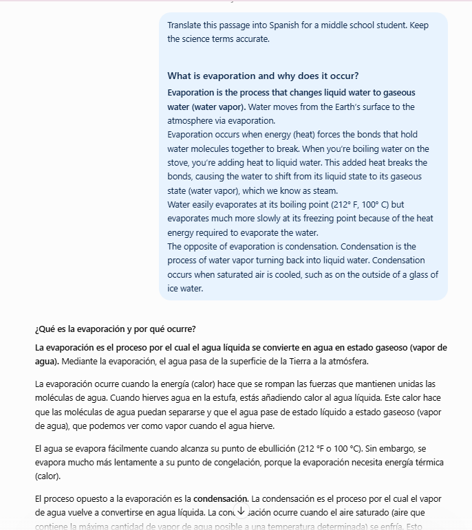 ChatGPT Spanish translation of the evaporation passage for a middle school student