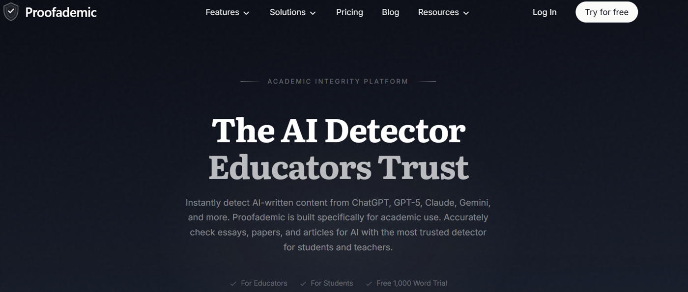 Proofademic AI detector homepage built for educators